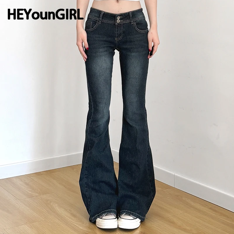 HEYounGIRL Women Low Waisted Flare Jeans Y2K Streetwear Vintage Casual Fashion Denim Trousers Spring Basic Slim Pants Outfits