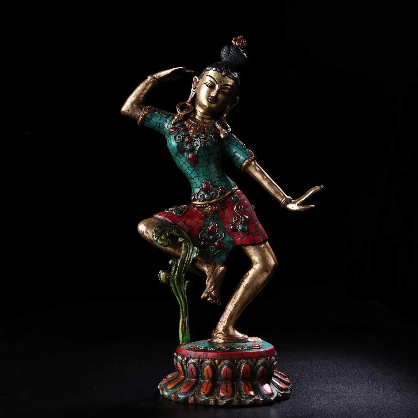 Tibetan Old Copper Painted Gem Inlaid Dakini Buddha Statue Serene Face Heavy Patina Fine Craft