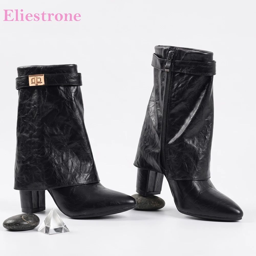 2026 Winter Comfort Women Ankle Booties Ruched Oversized High Block Heel Lady Dress Shoes Large Plus Size 11 43 47 Non-slip