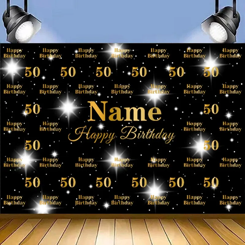 

Personalised Name Age Birthday Backdrop Background Banner Gold Glitter Adults Children Anniversary Party For Photo Studio