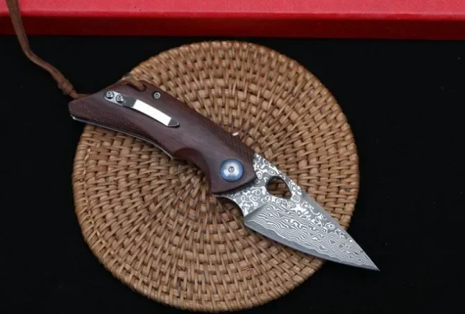 Olecranon Small Pocket Folding Knife Damascus Blade Rosewood Handle Tactical Rescue Hunting Camping EDC Survival Tool Knives