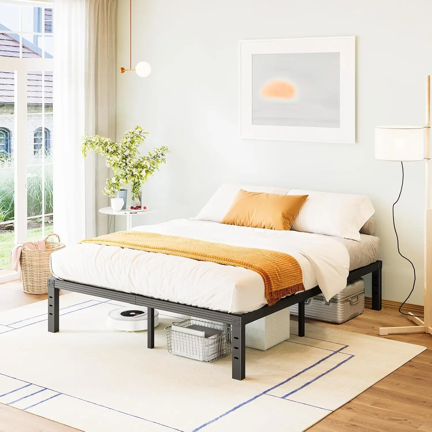 14 Inch Full Size Metal Bed Frame, Heavy Duty Noise Free Platform with Storage, No Box Spring Needed