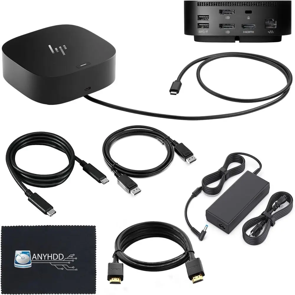 

Docking Station and Dual Monitor Charging Bundle with 120W Adapter, HDMI, DisplayPort, USB-C Cables, Microfiber Cloth (Renewed)