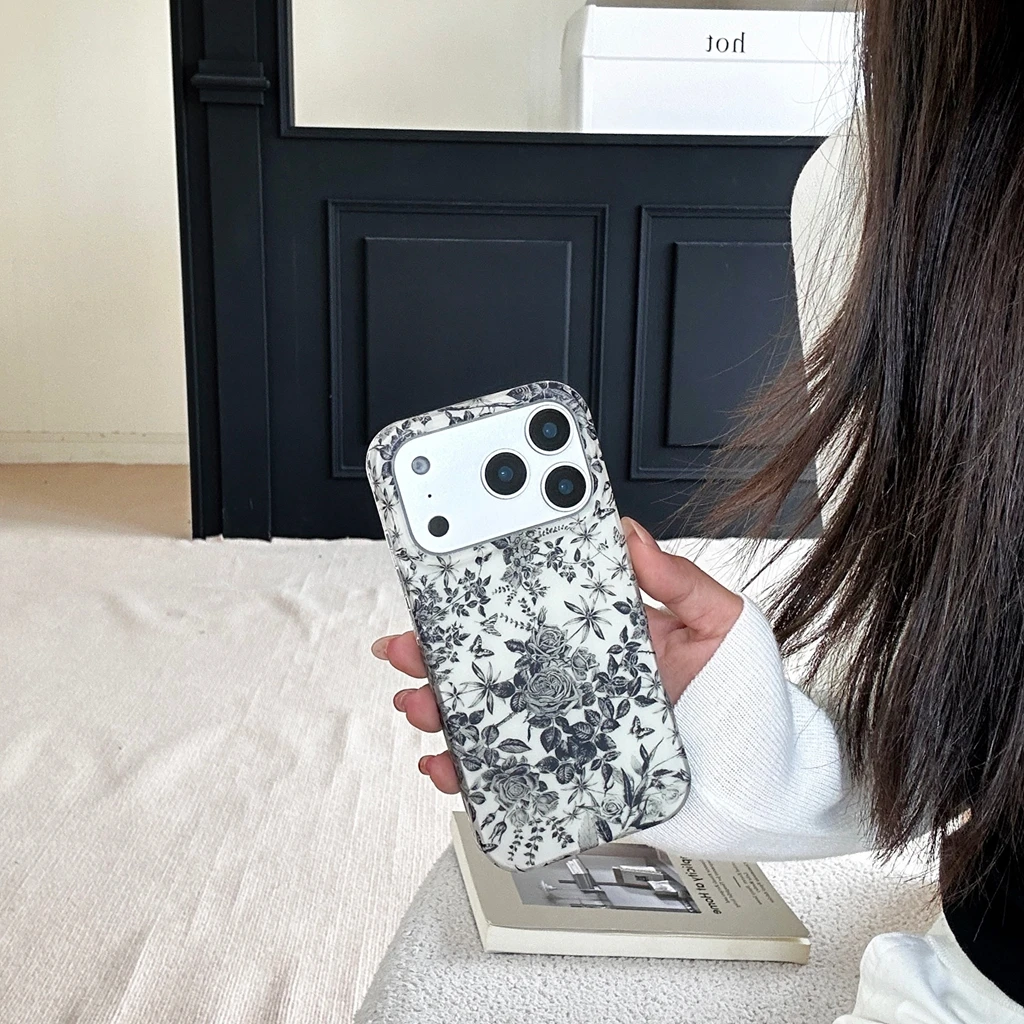 الحد الأدنى الفن أسود أبيض طلاء حبر خط الزهور للصدمات واقية غطاء الهاتف القضية آيفون 17 16 15 14 برو ماكس