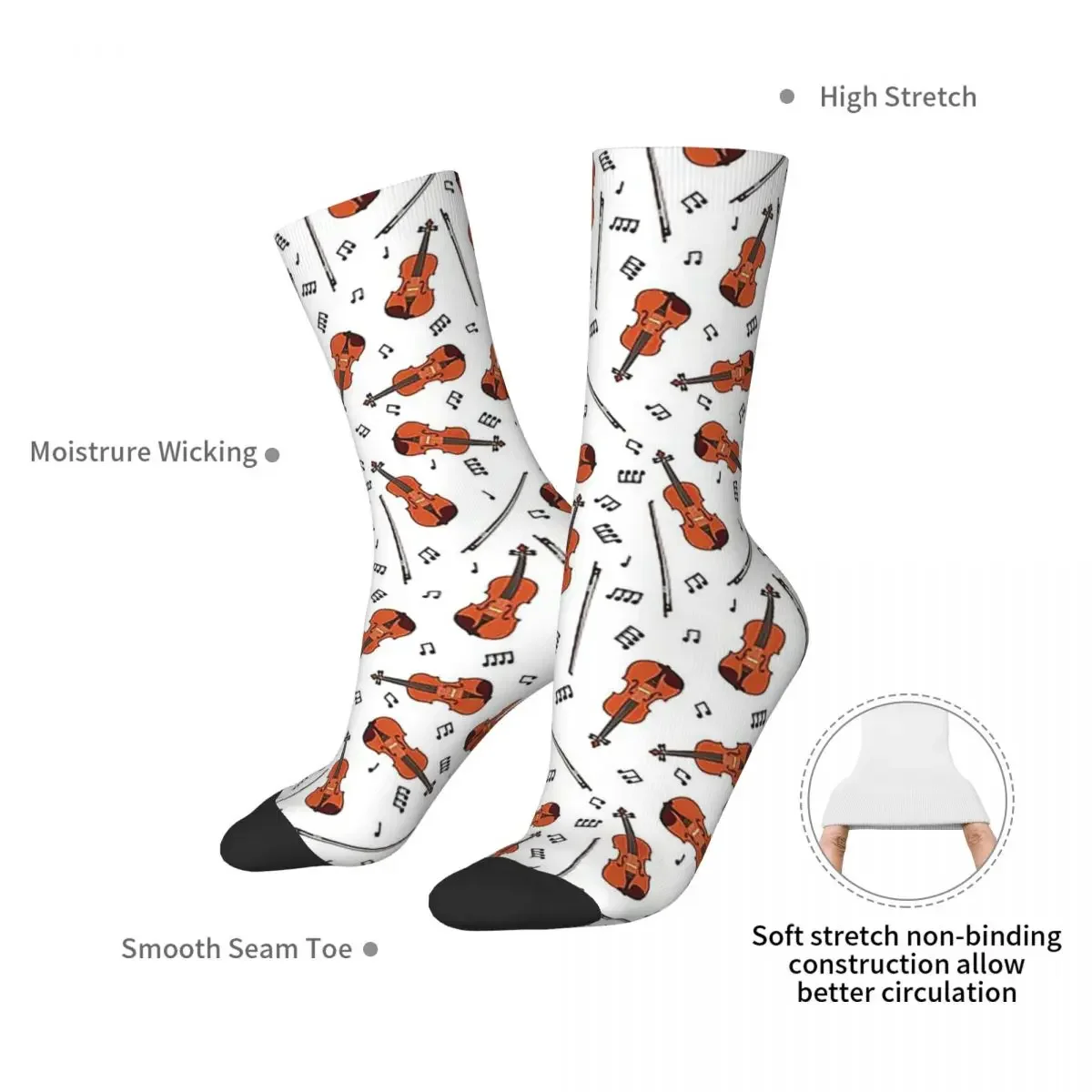 Violin And Music Notes Socks Harajuku Sweat Absorbing Stockings All Season Long Socks Accessories for Unisex Birthday Present