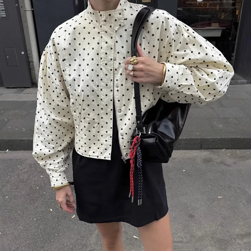 

Fashion Polka Dot Print Jacket Coat Women's Stand Collar Long Sleeved Workwear Coat Casual Female Jackets