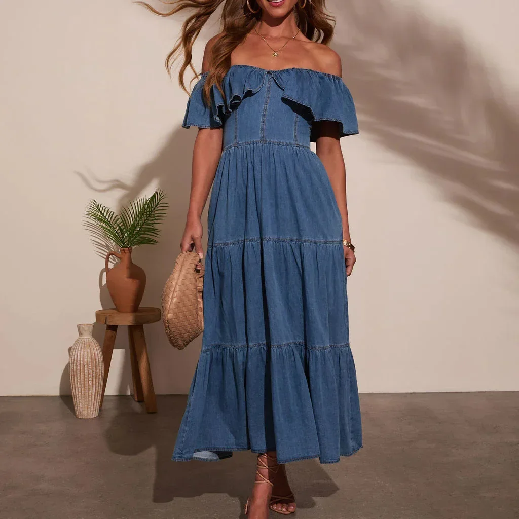

Ruffles Dresses Women Denim Long Dress Flounced Edge Distressed Backless Elastic Waist Vestidos Streetwear 2025 Summer A Line