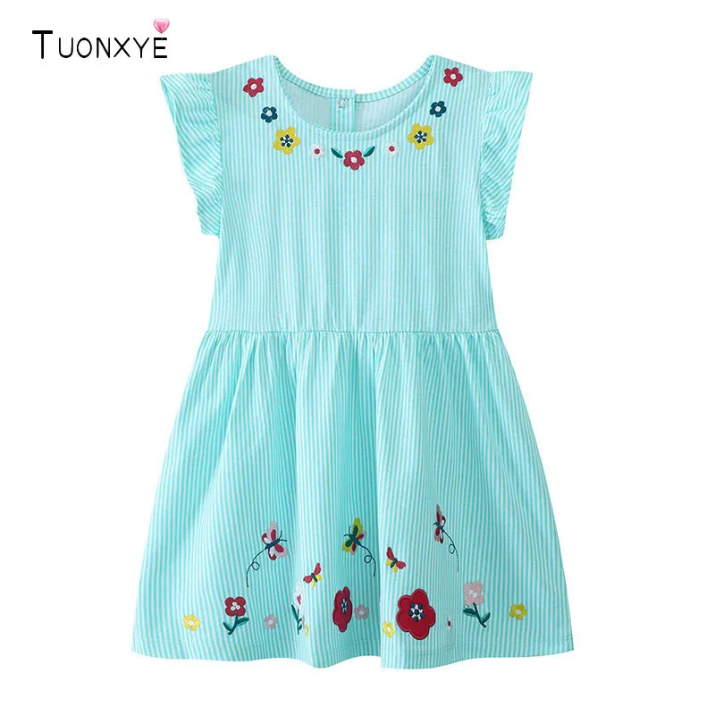 TUONXYE Girls Summer Dress Striped Flutter Sleeve Floral Butterfly Embroidery A-line Dress Kid Casual Cotton Clothes Back Button