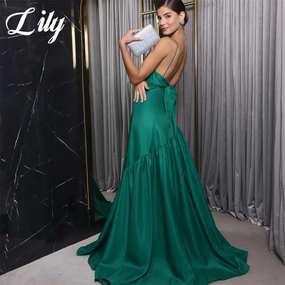 Lily Simple Green A-line Evening Dress V-Neck Sleeveless Prom Dress Spaghetti Strap Pleat Satin Party Dresses vestidos de noche