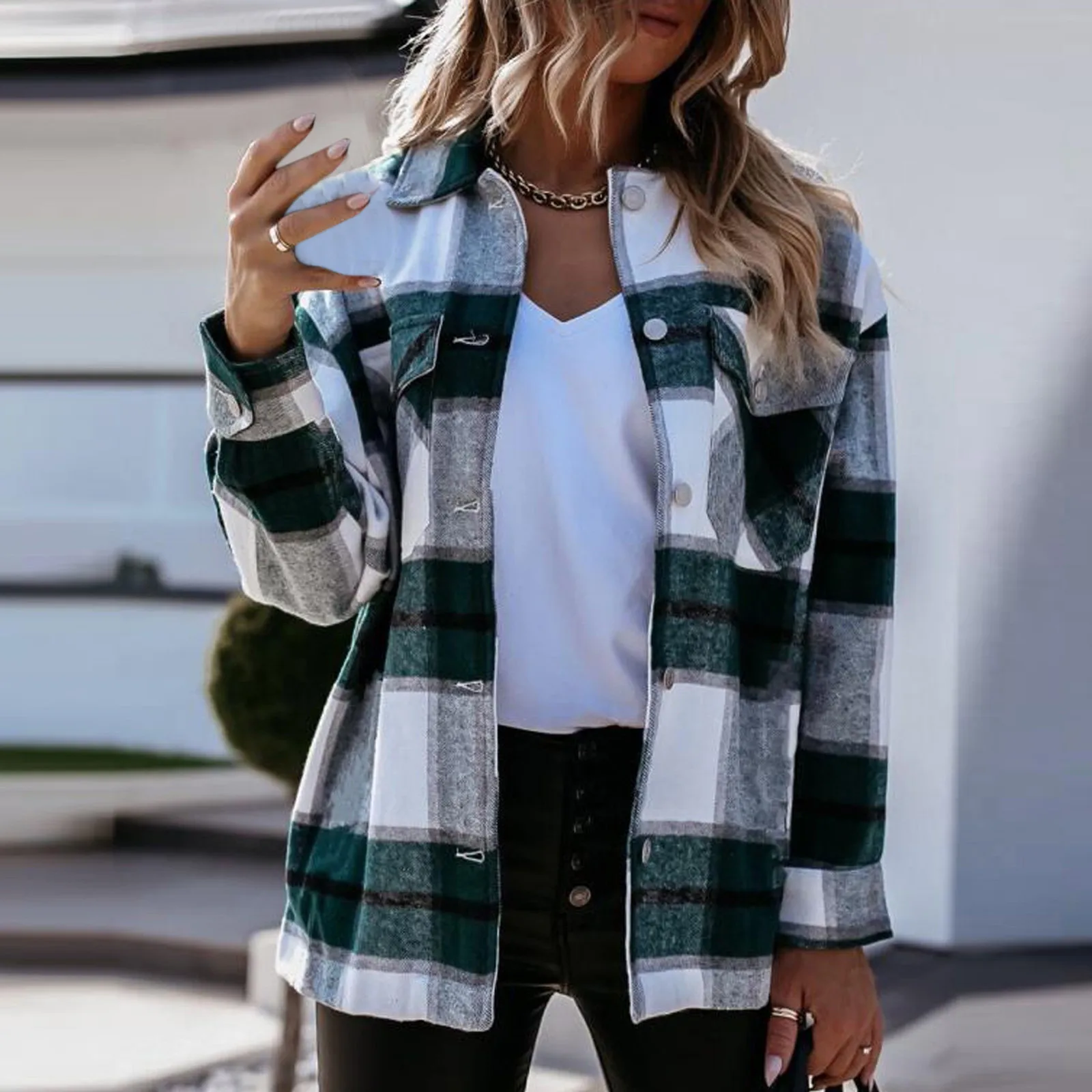 Autumn Spring Women Plaid Printed Jackets Casual Lapel Pocket Single Breasted Blouse Tops American Vintage Shirt Coat худи 후드티