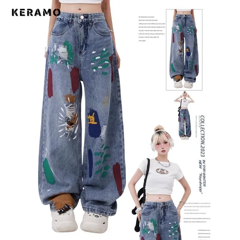 

Harajuku Vintage Print Grunge Loose Jeans Female Pants 2023 Autumn Women's Y2K Wide Leg Baggy Casual Style Denim Trouser