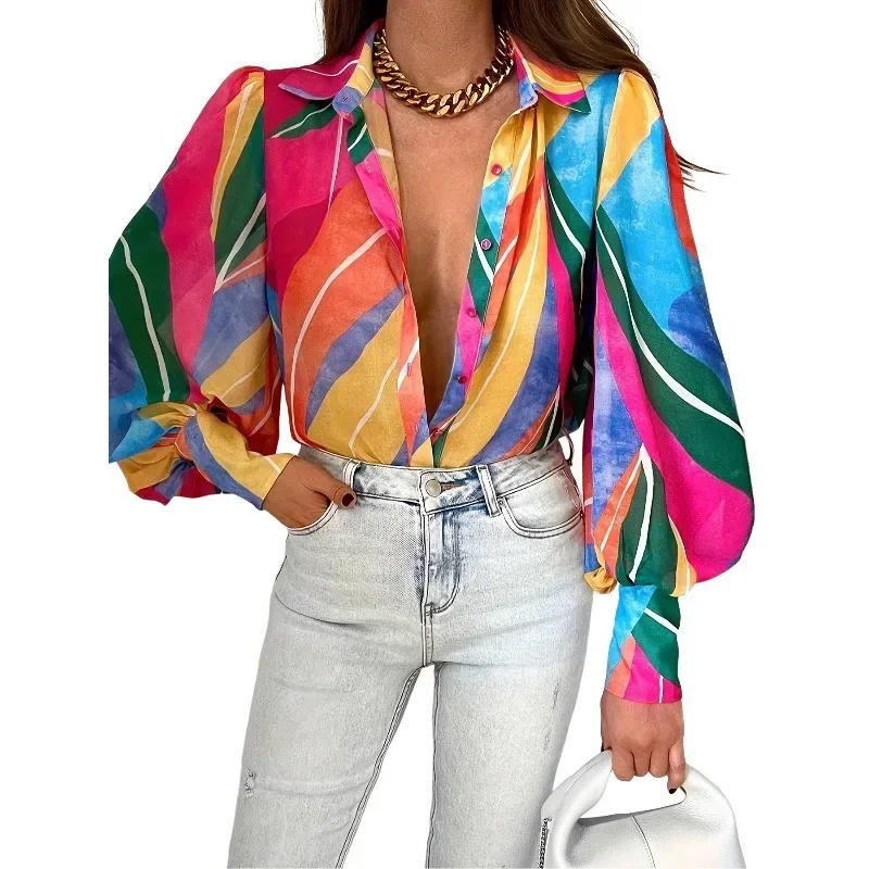 Print Shirt Top for Women Spring Deep V Casual Shirt Tops Fashion Trend Lapel Sexy Long Sleeve Lantern Sleeve Shirts