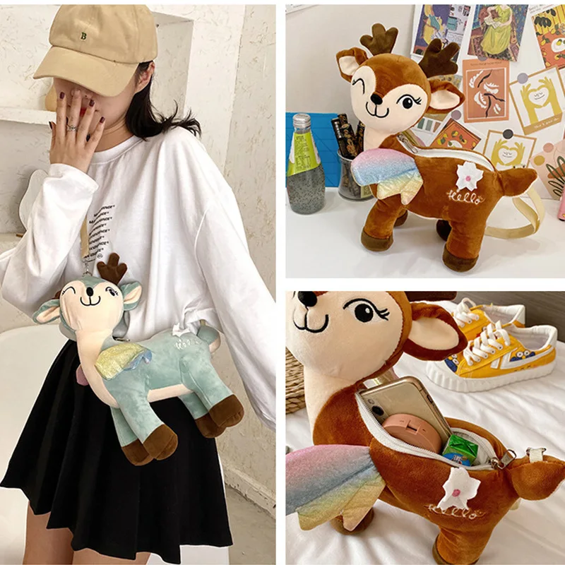 Cartoon Cute Sika Deer Plush Shoulder Bag Female 2022 New Girls Backpacks Crossbody Doll Bags