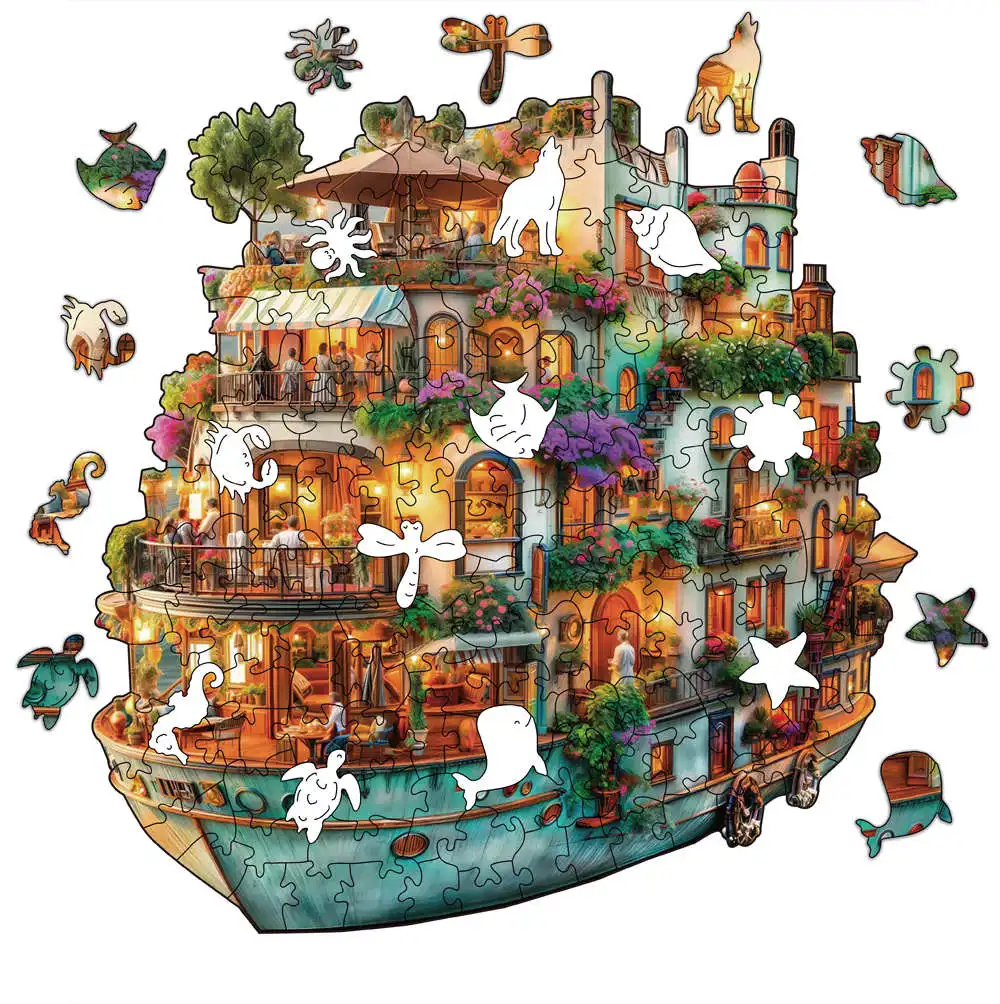 Lovely Pirate Ship Wood Jigsaw Unique Circular Wooden Animal Puzzle for Adult Kids Intelligent DIY Toys Holiday Gifts