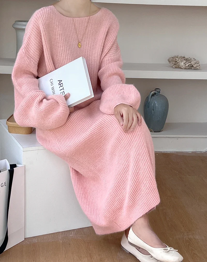 

Pink Loose Sweater Dress Women Thicken 2024 Autumn Winter Long Knitted Dress Female Lantern Sleeve Chic Knitwear