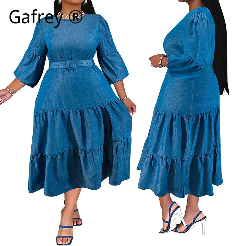 

Women 5XL Plus Size Denim Dress Pleated Skirt With Belt Micro Reflective Color Changing Jean Midi Dress Casual Streetwear Outfit