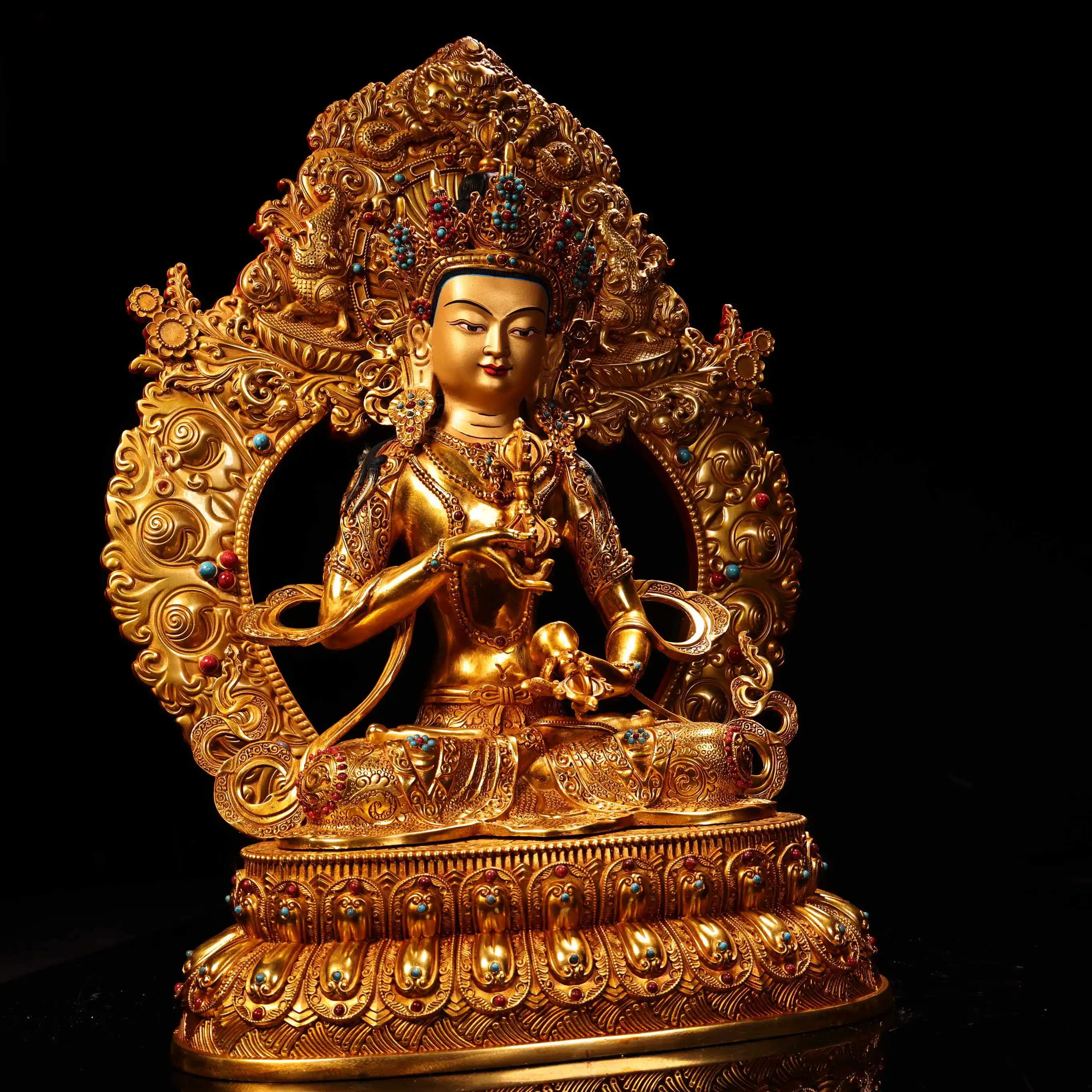 Copper Gilt Tibetan Vajrasattva Buddha Statue Serene Face Heavy Patina Fine Craftsmanship