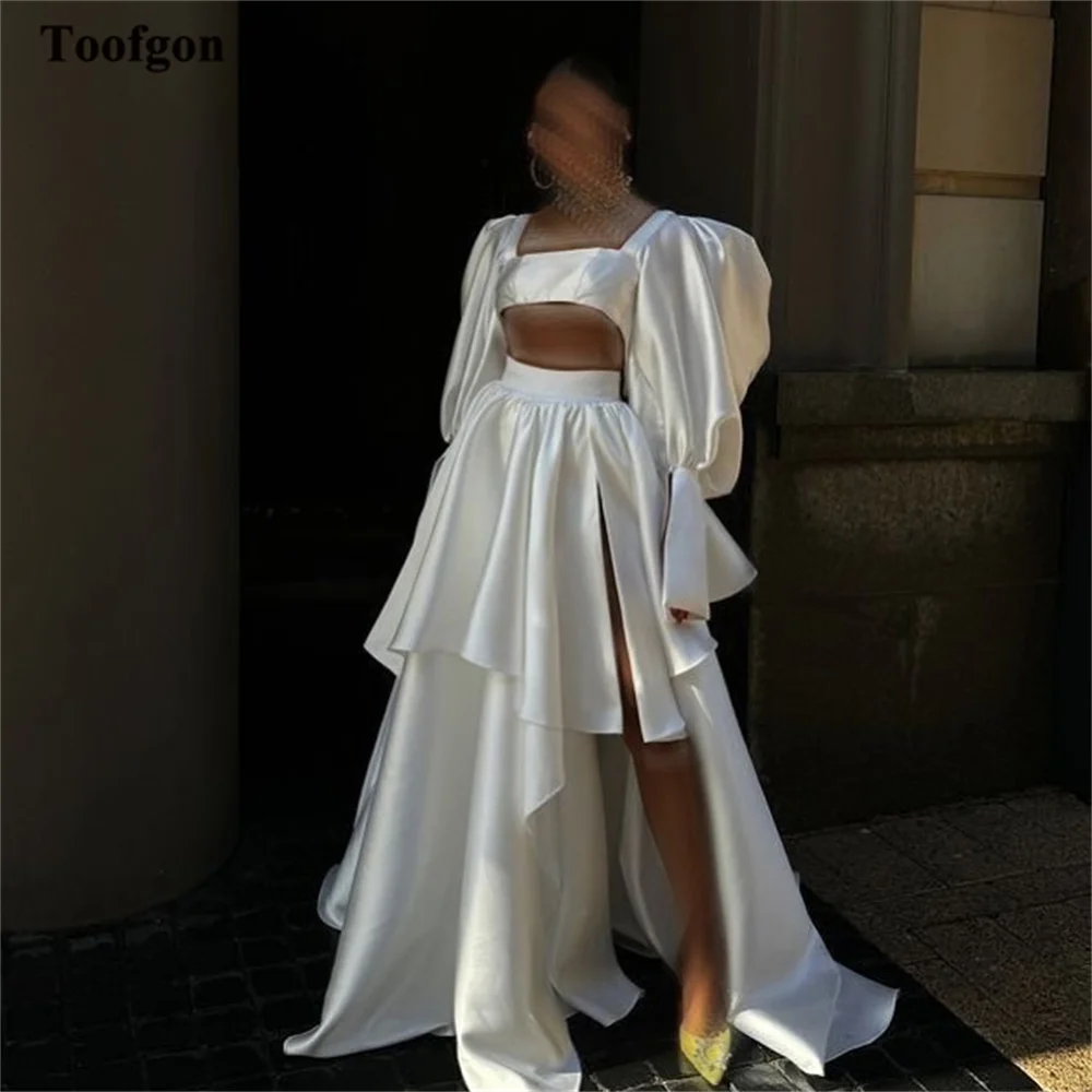 

Toofgon Two Pieces Satin Wedding Dresses Long Sleeves Sexy Slit Customized Bridal Gowns Corset Back Formal Party Photos Dress