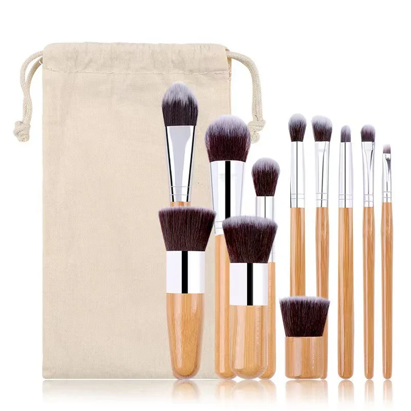 Ensemble de pinceaux de maquillage avec manche en bambou naturel, fond de teint de haute qualité, mélange cosmétique, ensemble d'outils de maquillage avec sac en coton, 11 pièces/ensemble