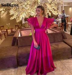 SoDigne Fuchsia Sexy V-ausschnitt Elegante Abendkleider Luxus Puff Ärmeln Satin Formale Party Kleider robe femme soirée Angepasst