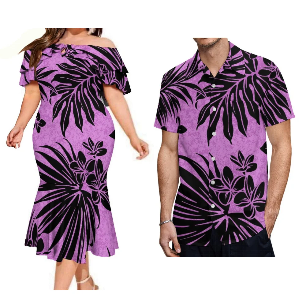 Custom Hd Patterned Island Couple Set Floral Print Hawaiian Samoa Off-The-Shoulder Fishtail Dress Women Polynesian Men'S Shirt