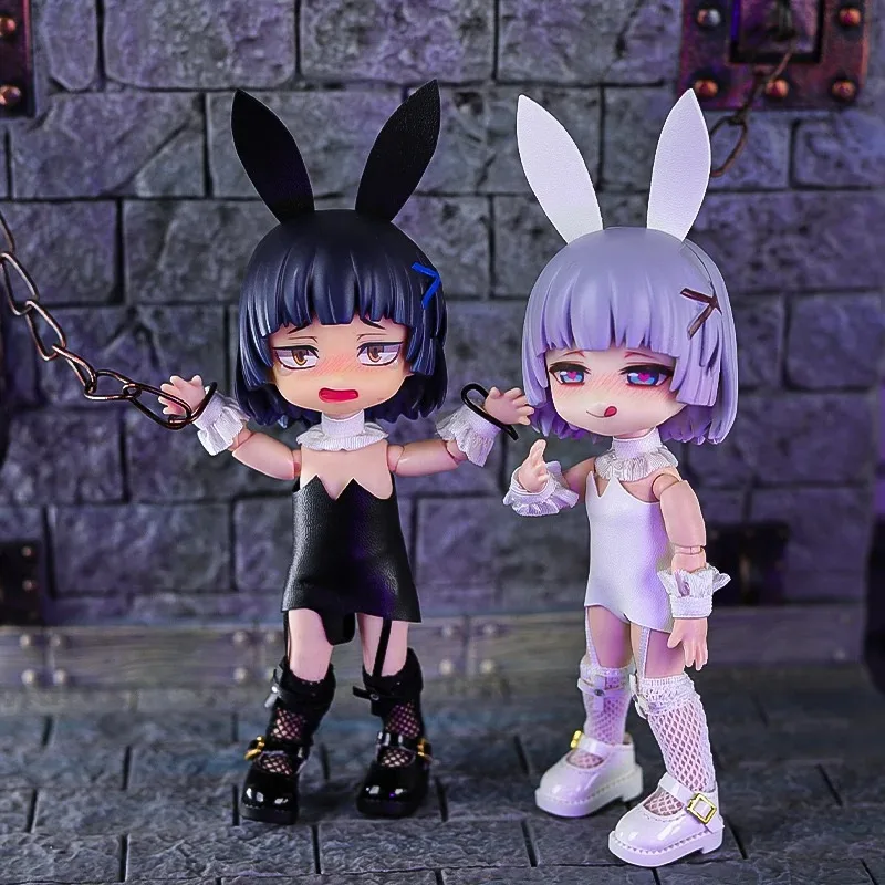 OB11 Doll Bunny Ear Outfit Set Faux Leather Jumpsuit Mesh Socks Lace Cuffs Handmade Costume 11cm BJD Doll Dress Up Accessories
