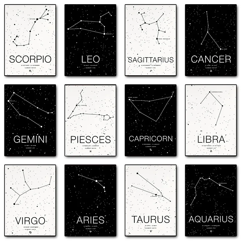 

Минималистичный постер с знаками зодиака: Овен, Рак, Весы, Водолей, черно-белый, на холсте, для декора стен, комнаты, дома