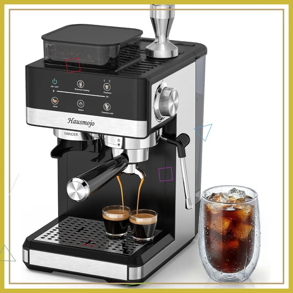 Máquina de café expresso 20Bar com moedor, batedor de leite, aço inoxidável compacto para café com leite e cappuccino, uso doméstico