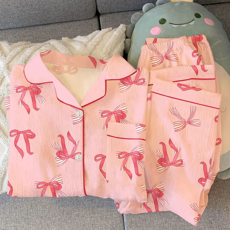 

Новый весенний женский домашний комплект: пижама с длинными рукавами, розовый бант, свободный воротник, брюки, домашняя одежда из двух предметов