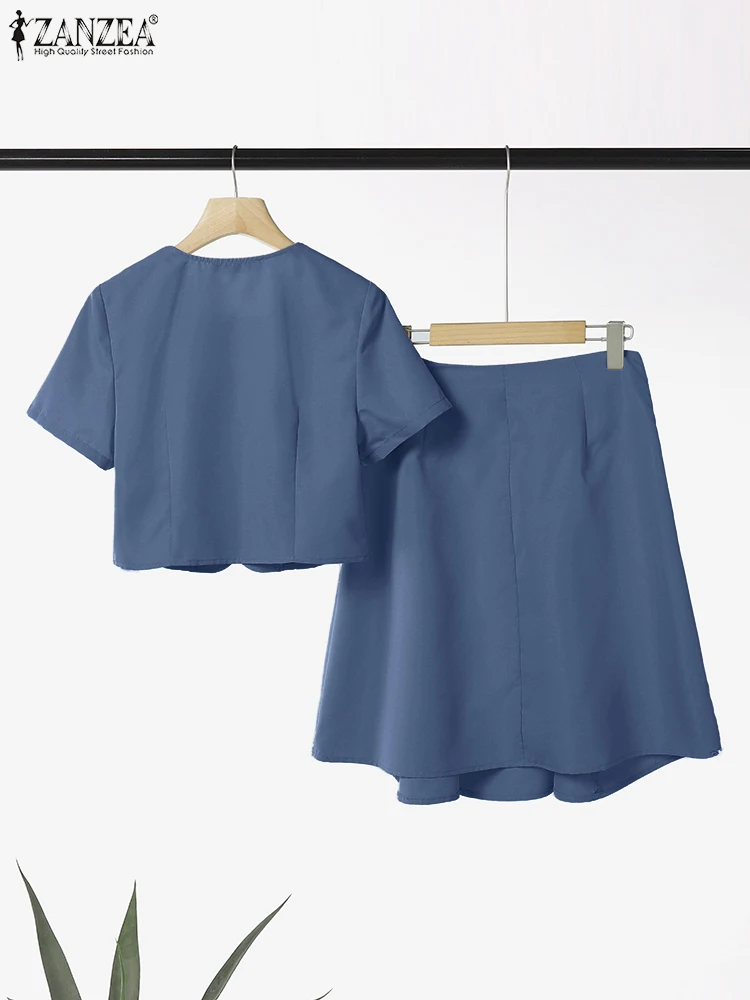2025 ZANZEA Women Summer Dress Sets Lapel Fashion Short Sleeve Tops and Knee-length Skirts Two-piece Outfits Sweet Korean 2pcs