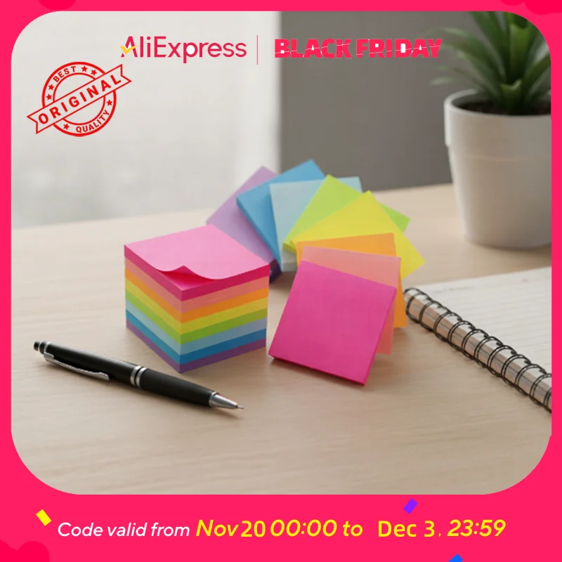 Fluorescent Sticky Notes 8x8cm 100 Sheets Bright Color Memo Pads for Study Office Book Marking