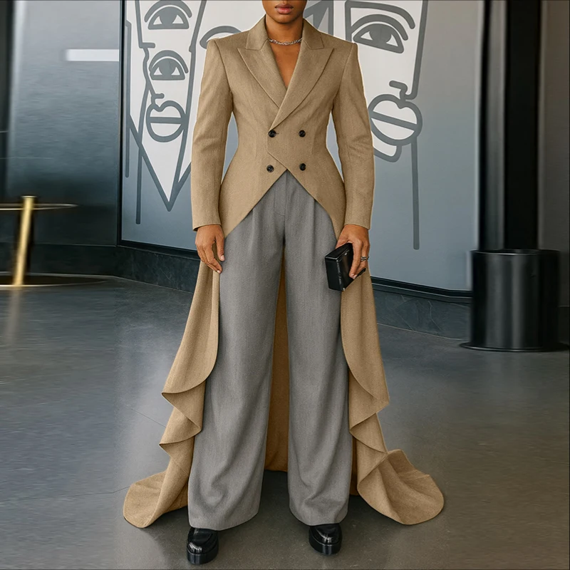 INCERUN Men Irregular Blazer Solid Color Lapel Long Sleeve Ruffle Casual Long Style Blazer Men Streetwear 2025 Fashion Male Suit