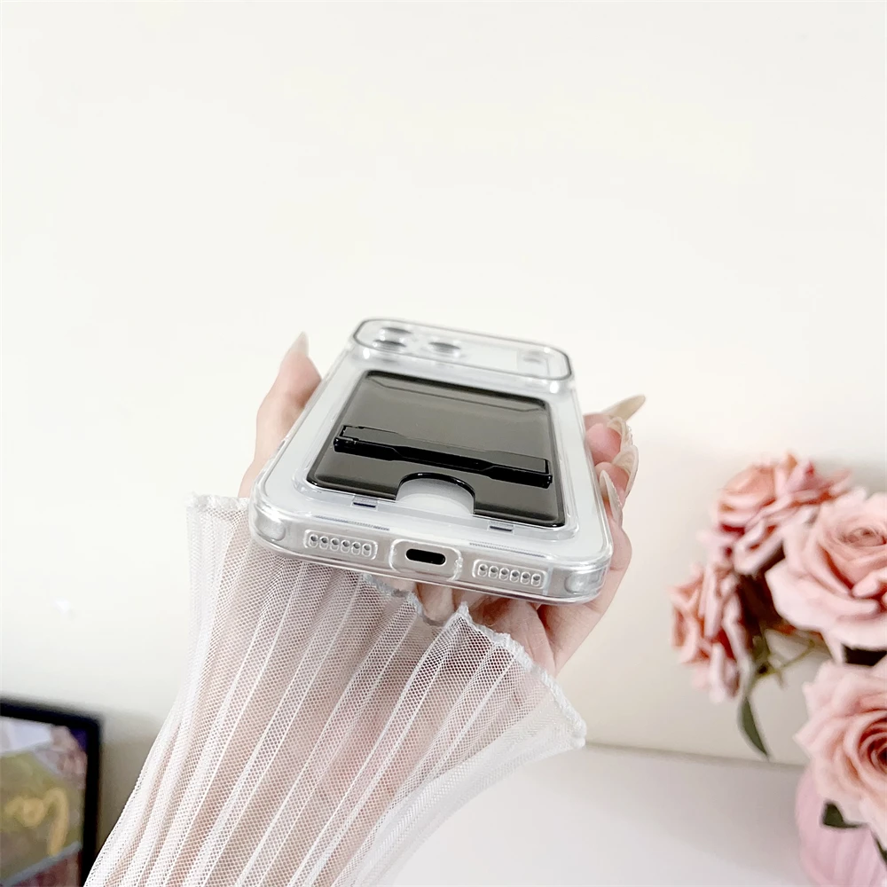 Fashion Transparent Card Holder Slot Bracket Case For iPhone 17 16 15 14 13 Pro Max Plus Wallet Folding Stand Candy Color Cover view 5
