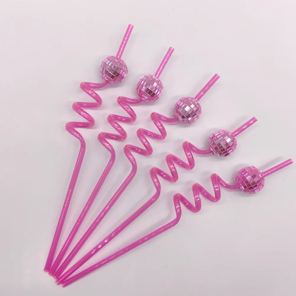 Afbeelding 7: 6/8 Stuks Roze Discobal Swirly Rietjes Set Cocktail Rietjes Disco Bachelorette Decoraties Groovy 70S Disco Verjaardagsfeestje levert