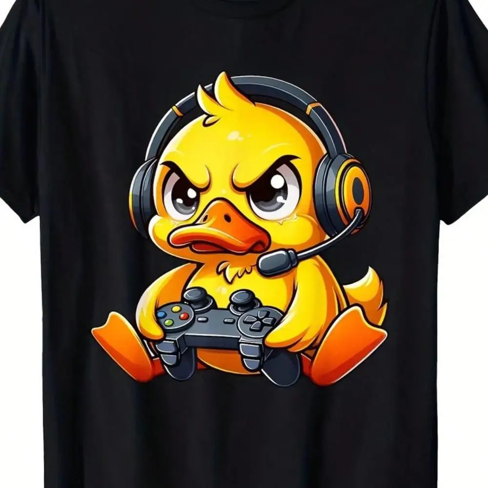 180GSM Pure Cotton Printed T-Shirt With Funny Duck Gamer Headphones Controllers Retro Gaming Graphic Knitted Craft Breathable Soft Durable Easy T