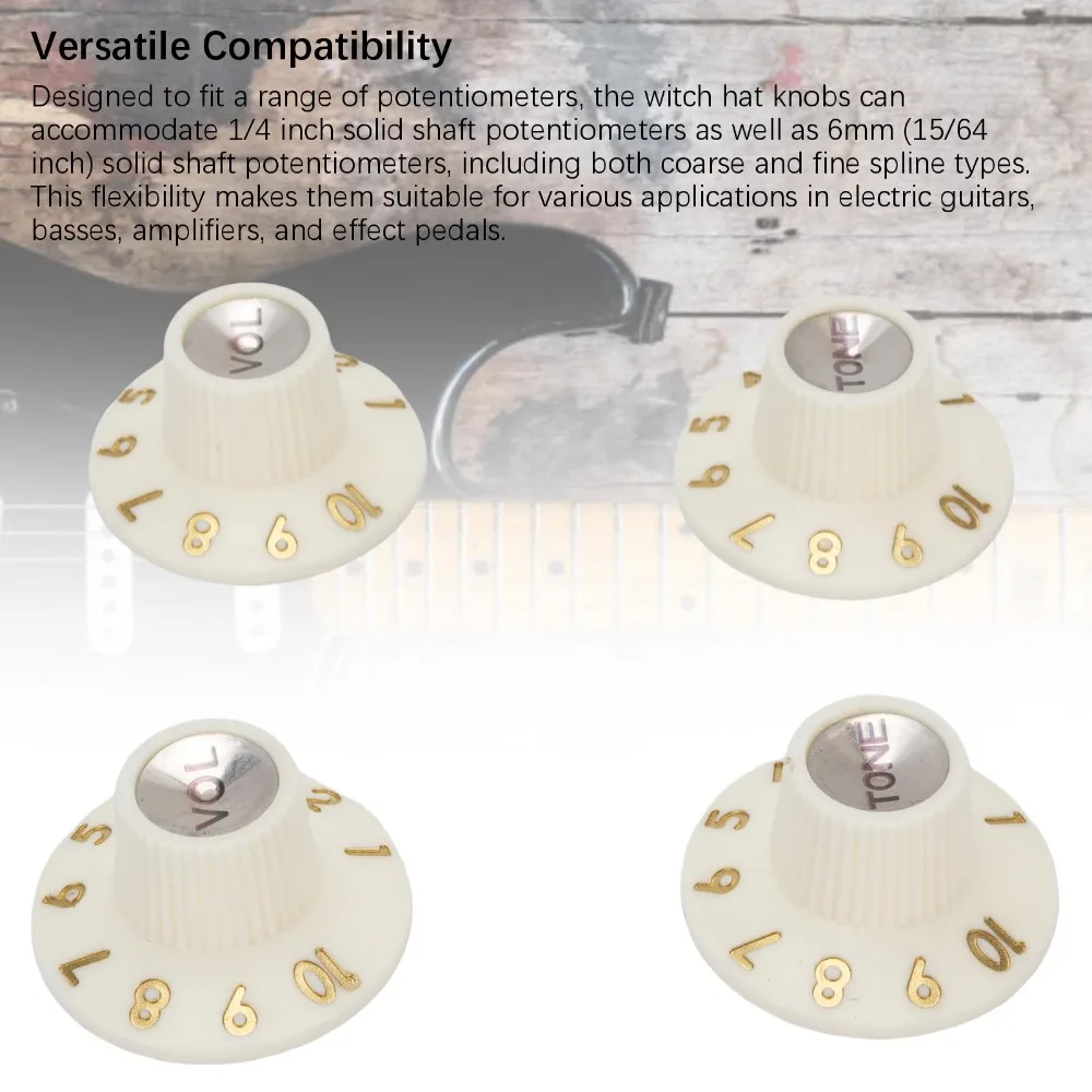 4pcs Retro White Guitar Control Knobs​ ​Witch Hat ​Silver Reflector​ ​Tone Knobs​ ​2 Volume 2 Tone​ ​Volume Knobs​