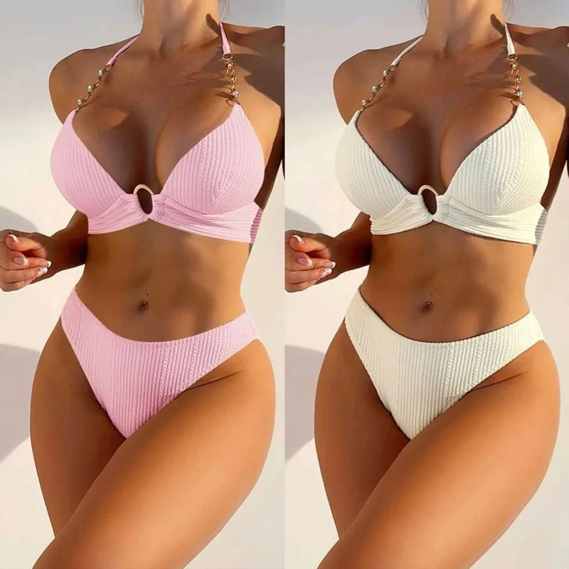 

New Sexy Split Pure Color Bikini SwimwearbikiniStriped Pearl Halter