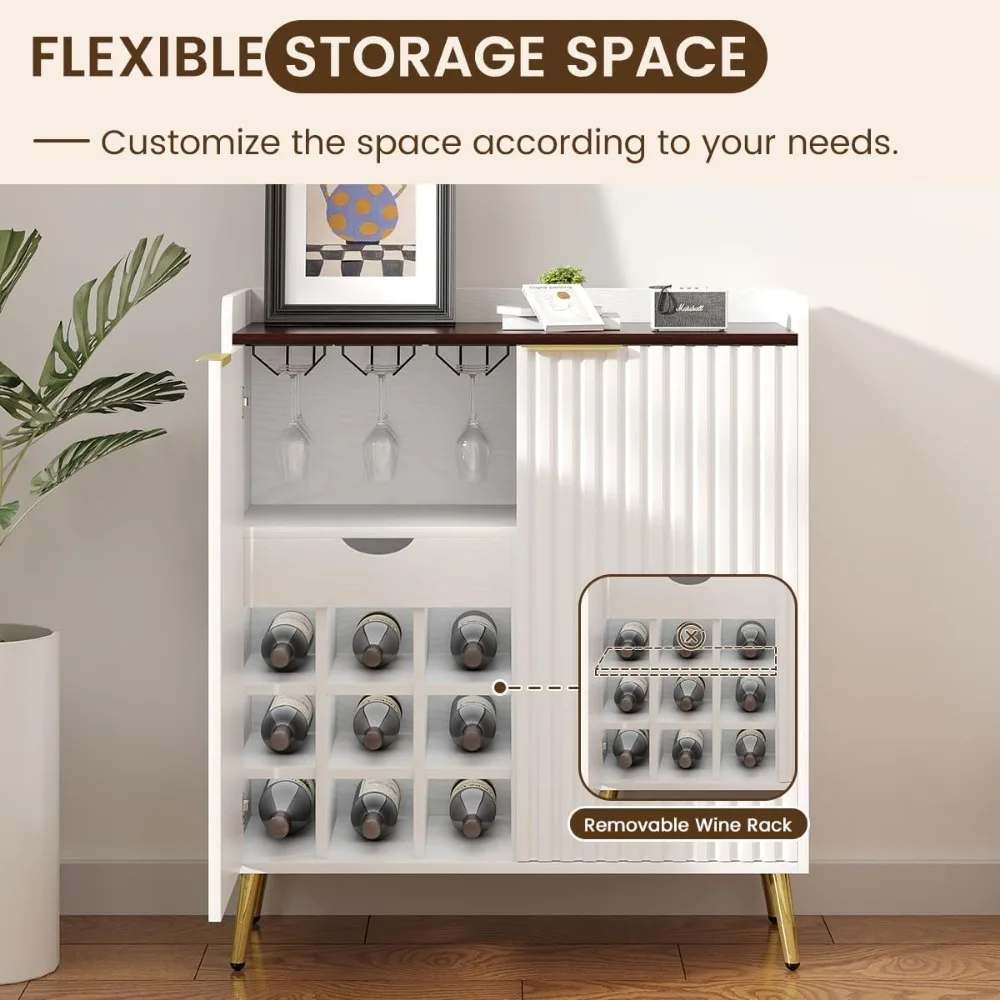 خزانة بار النبيذ على طراز المزرعة مع أبواب مخددة وحوامل زجاجية ورف قابل للإزالة لتخزين القهوة الحديثة #5