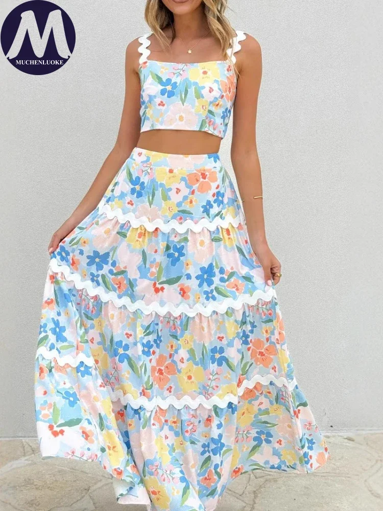 

2 Pieces Set for Woman 2025 Summer New Sexy Printed Suspender Tops Suits Fashionable Slim Fit Lace Dress Sets