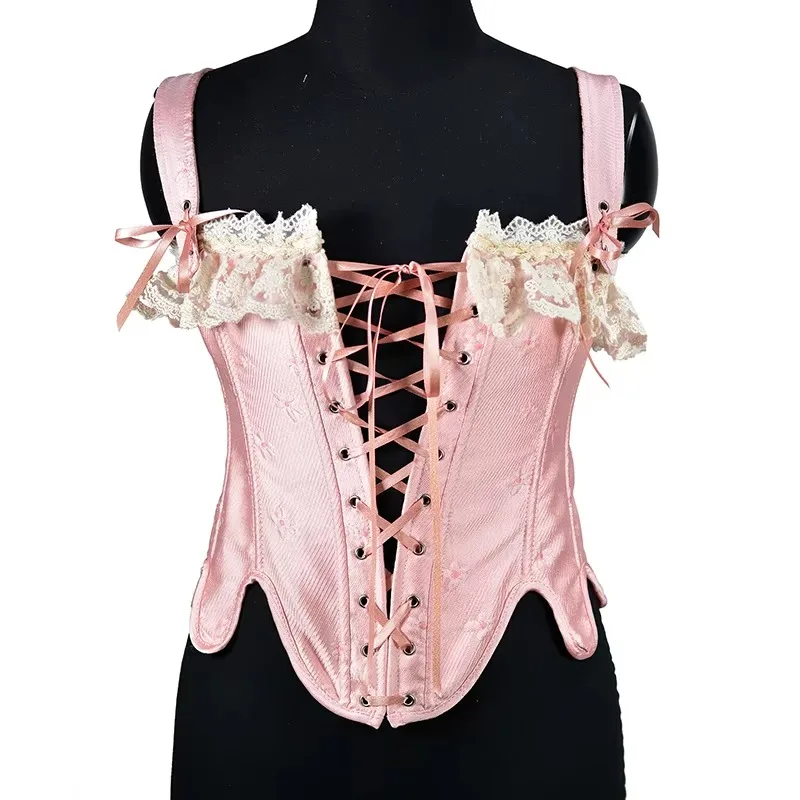 FallenVex Store Women Y2K Vintage Lace Ruffle Trim Corset Top Square Collar Sleeveless Shoulder Strap Drawstring Back Party