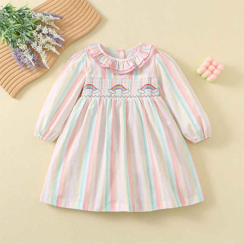 

2024 Dress for Girls Children Embroidery Pattern Cotton Color Stripe Cartoon Rainbow Long-Sleeved Clothes Spring Autumn Outfit