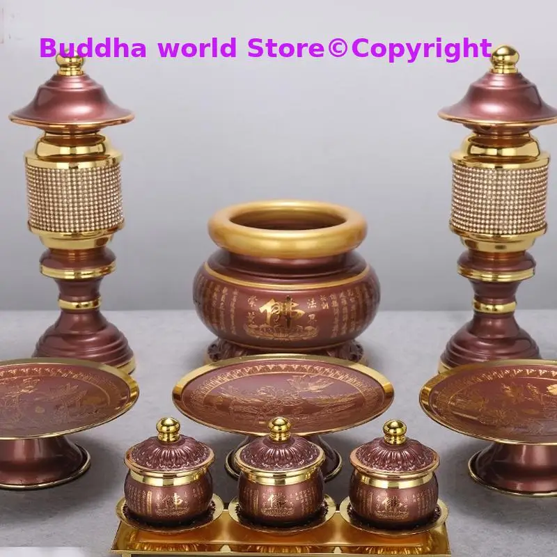 A SET 9PCS Buddhism high grade HOME Temple shrine enshrine worship wealth buddha God lamp Incense burner Holy water cup trays