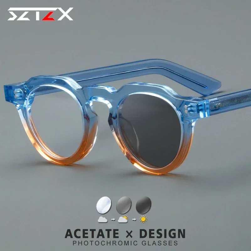 SZTZX Acetate Eyeglasses Frame Men Photochromic Prescription Myopia Glasses Frame Women Anti Blue Light Reading Retro Eyewear