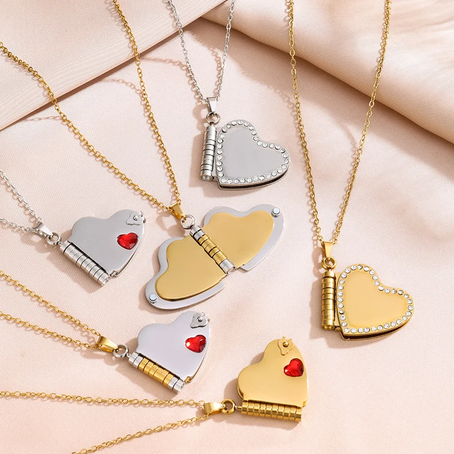 1Piece Heart-shaped Book Locket Necklace Can Be Opened Stainless Steel Memory Love Pendant Jewelry for Women