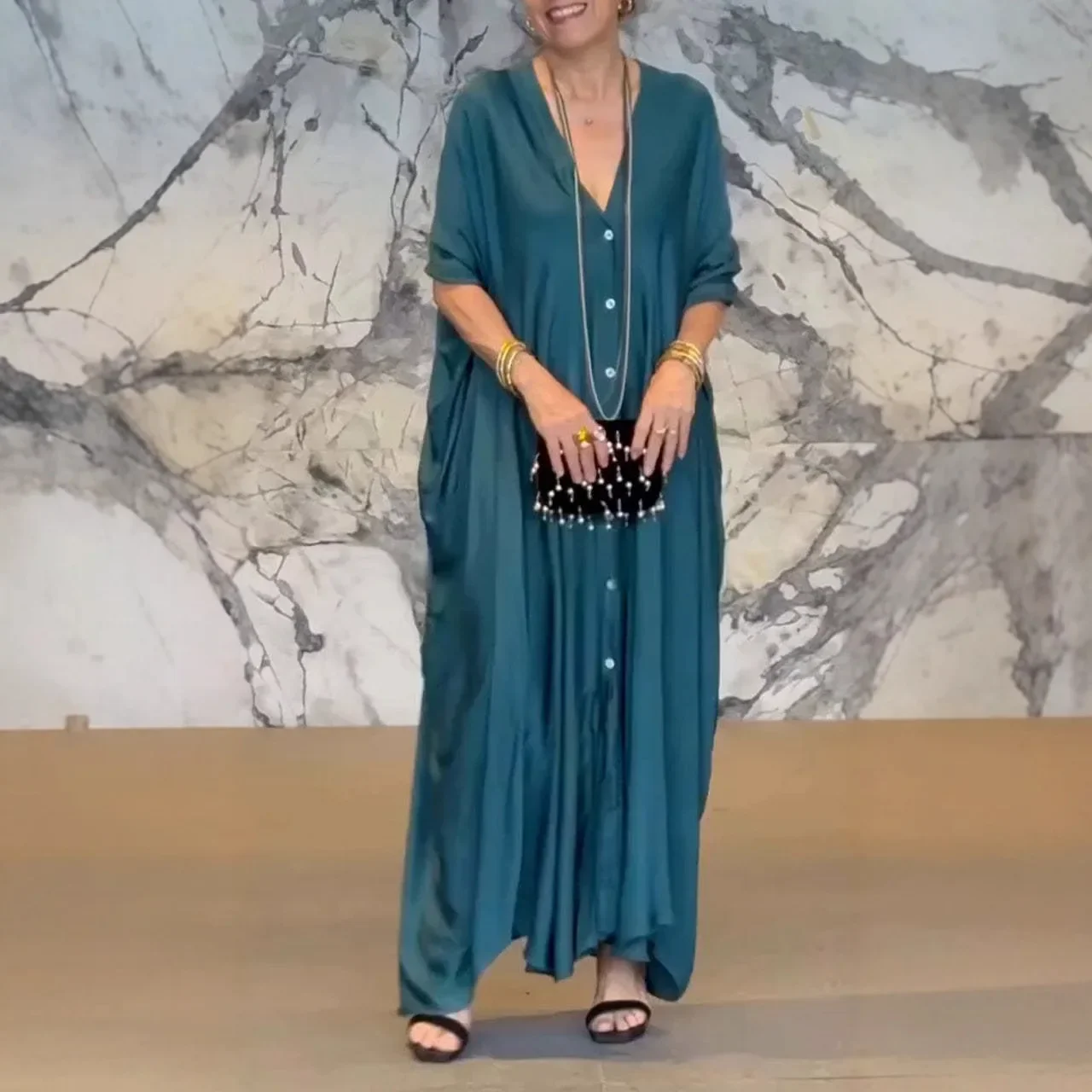 فستان ماكسي كاجوال بصدر واحد للنساء، فساتين نسائية طويلة فضفاضة برقبة على شكل حرف V وأكمام تشبه جناح الخفّاش #4