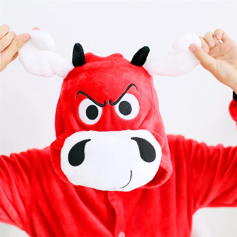 Red Cow Onesies Sleepwear Jumpsuit Homewear Kingurumi Bodysuits Lingerie Bodysuit Flannel Anime Cartoon Long Sleeve Nightgown