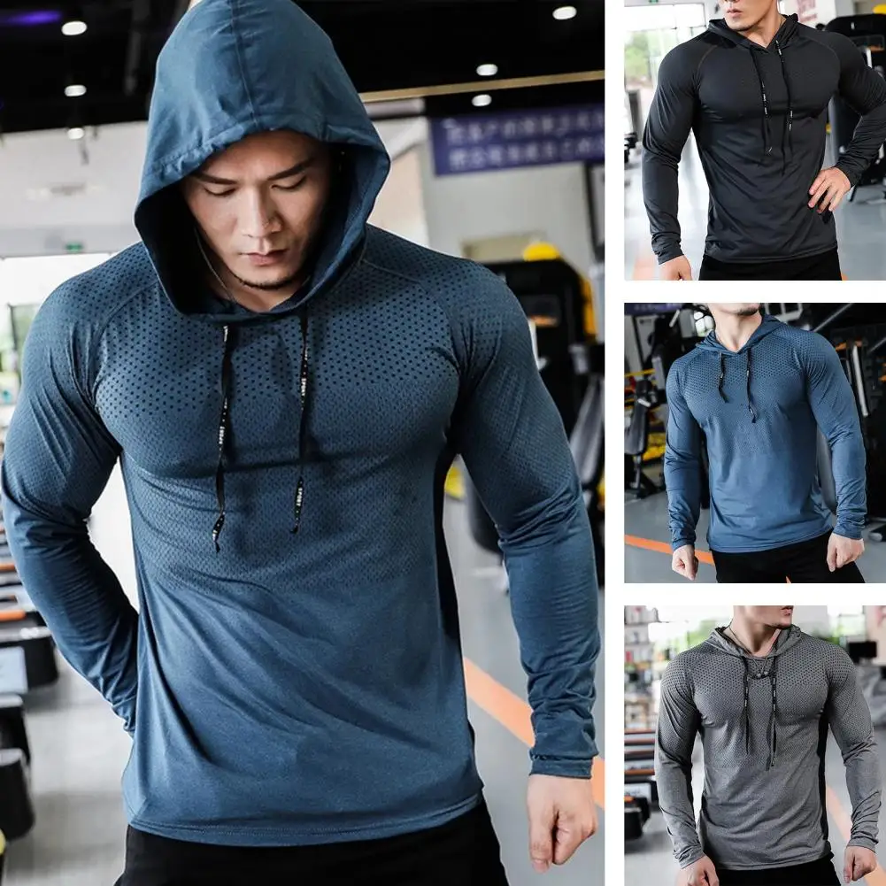 Kaus hoodie pria, atasan olahraga cepat kering elastisitas tinggi, Slim Fit dengan jala berongga bernapas untuk Jogging