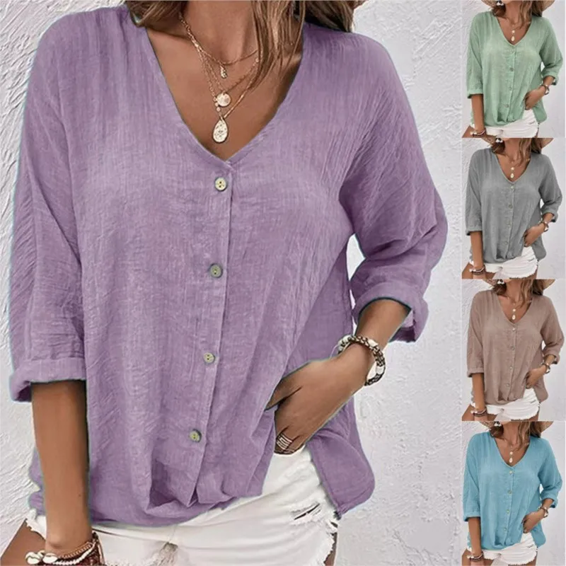 

Casual Blouses Spring Fall New Women's Fashion V-neck Button Chiffon Cardigan Long Sleeves Loose Shirts Top Women Streetwear