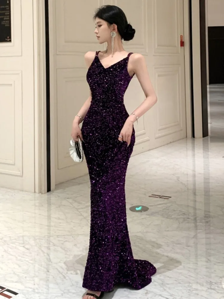 Sexy Spaghetti Straps Womens Dresses Purple V-Neck Luxurious Wedding Evening Party Mermaid Dress Slim Waist Vestidos Long Robe