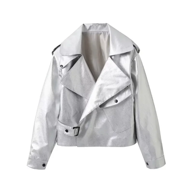 Chaquetas de cuero falso de gran tamaño para mujer, abrigos sueltos de plata, ropa de calle de cuero PU, chaqueta de motocicleta, Otoño e Invierno